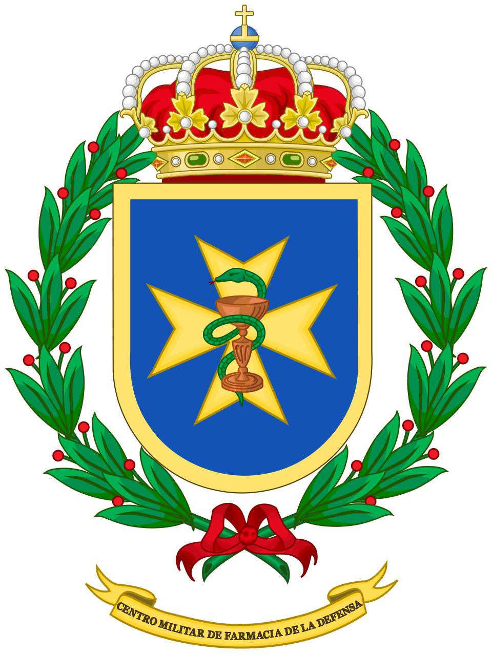 Escudo del Centro Militar de Farmacia de la Defensa, con la copa de Higía